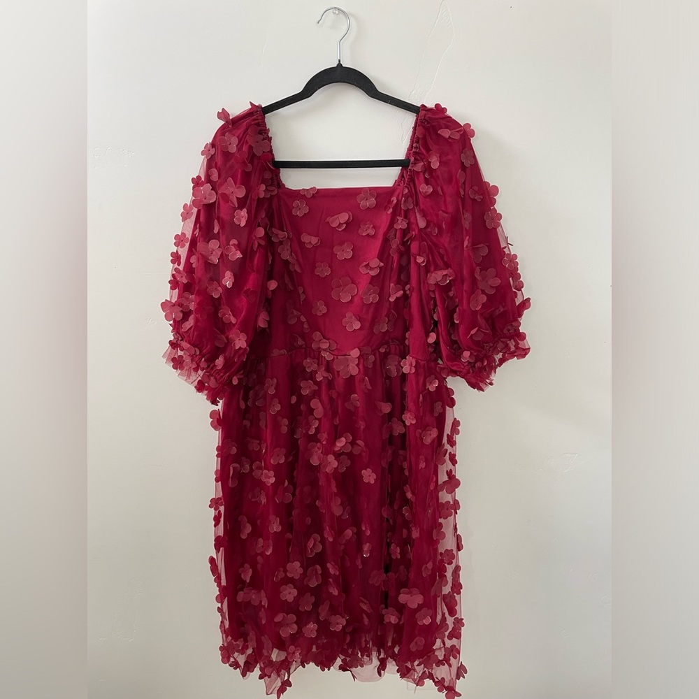 Red Floral Midi Dress with Puff Sleeves